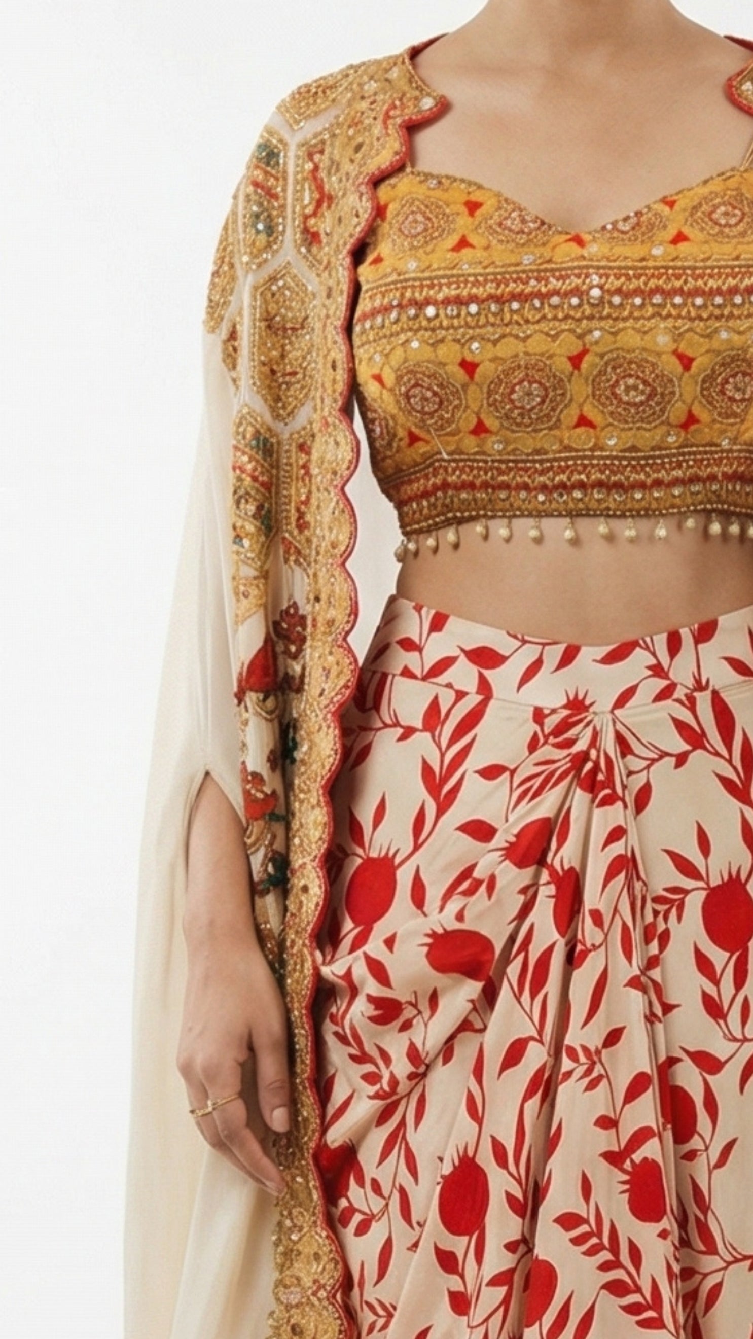 Beige & Red Digital Printed Crepe Top & Skirt with Cape Embellished with Moti, Sequins & Sippi